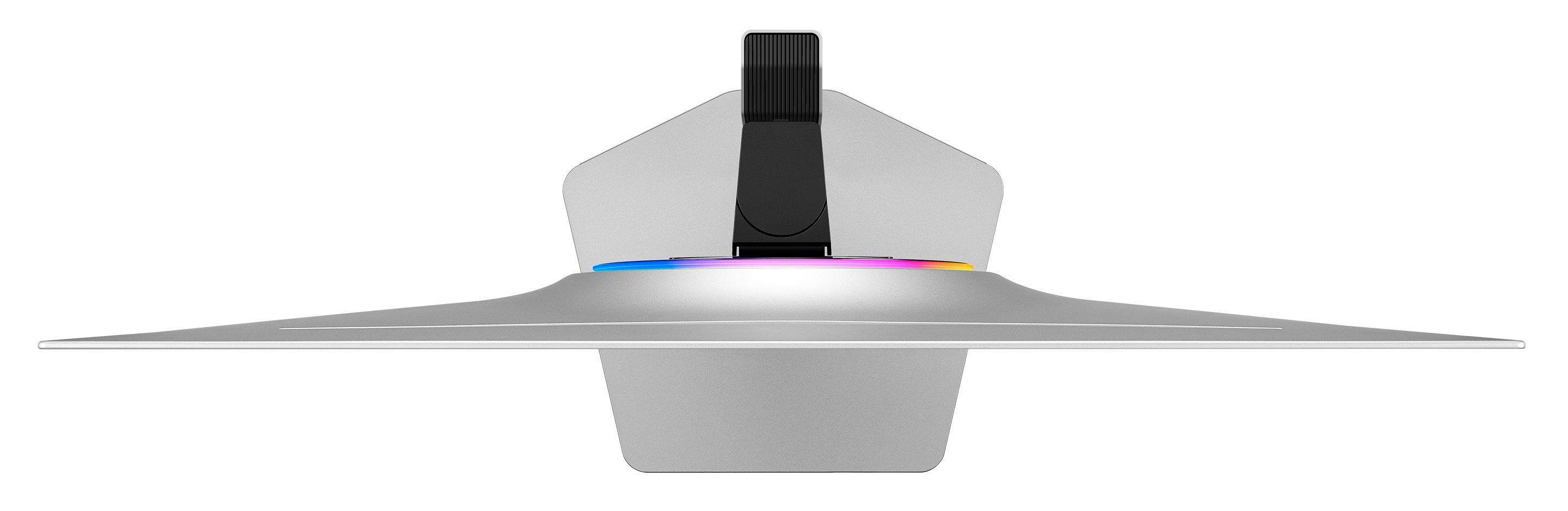 Widok od spodu srebrnego monitora z czarnym stojakiem i podświetleniem RGB.