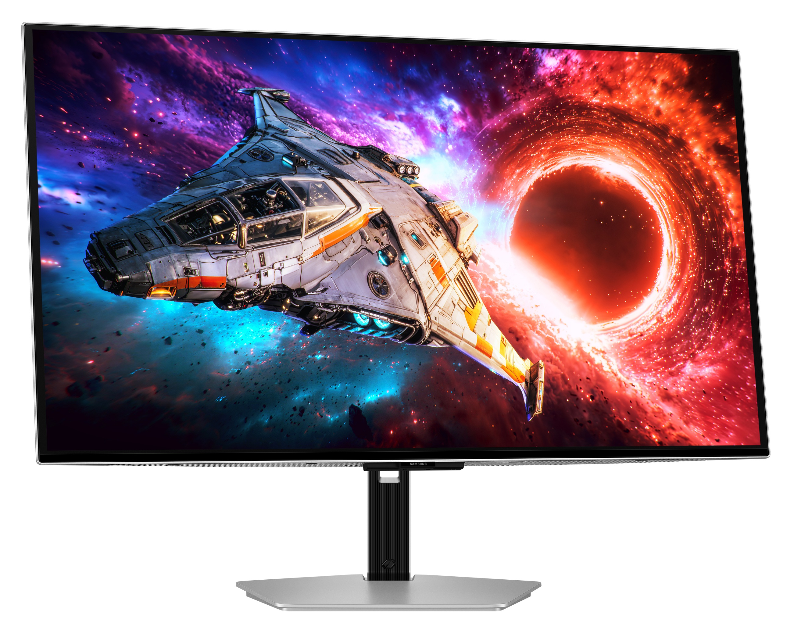 Bezramkowy monitor Samsung wyświetla statek kosmiczny na tle kolorowej mgławicy.