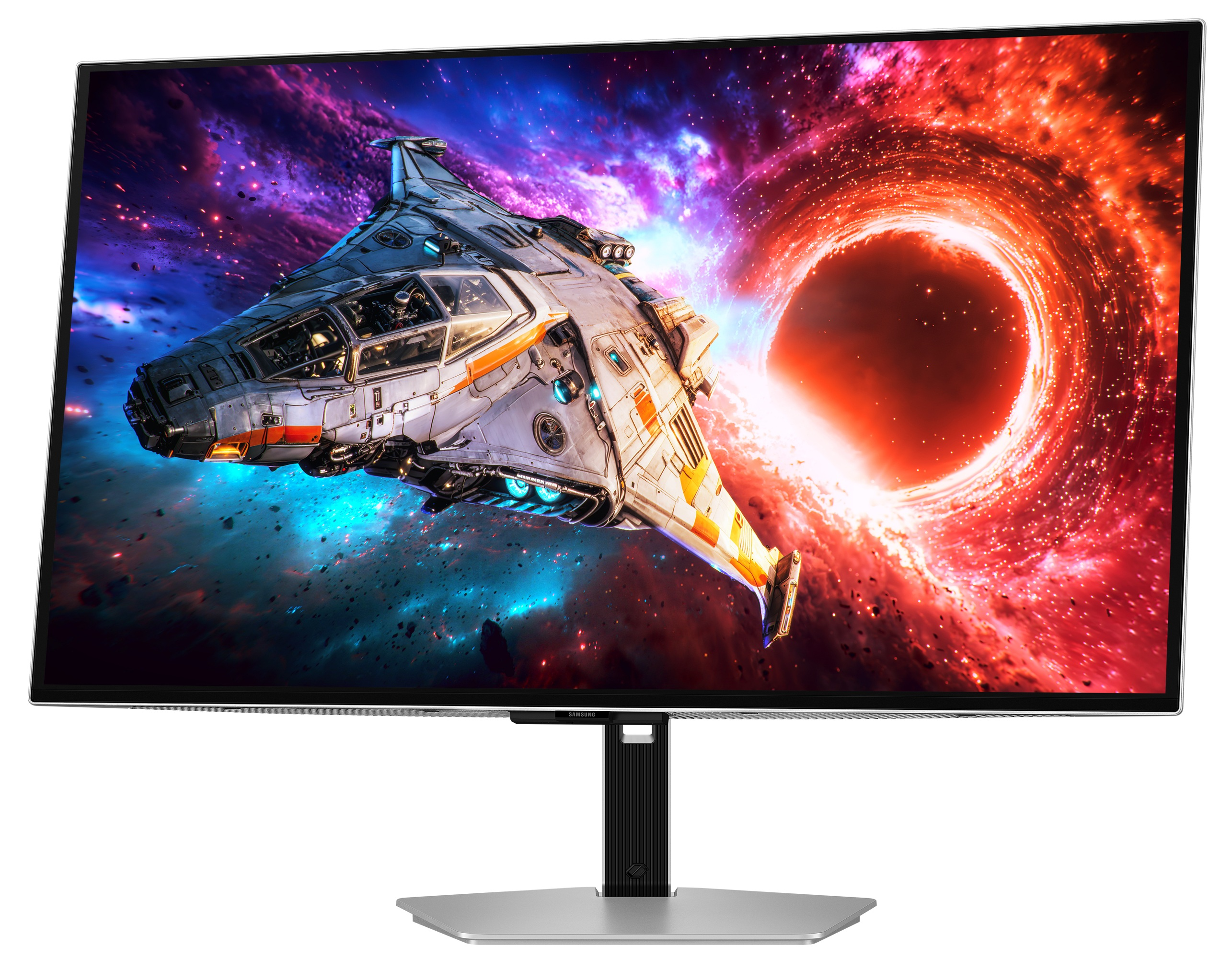 Bezkrawędziowy monitor Samsung na srebrnej podmurówce przedstawia statek kosmiczny na tle czarnej dziury.