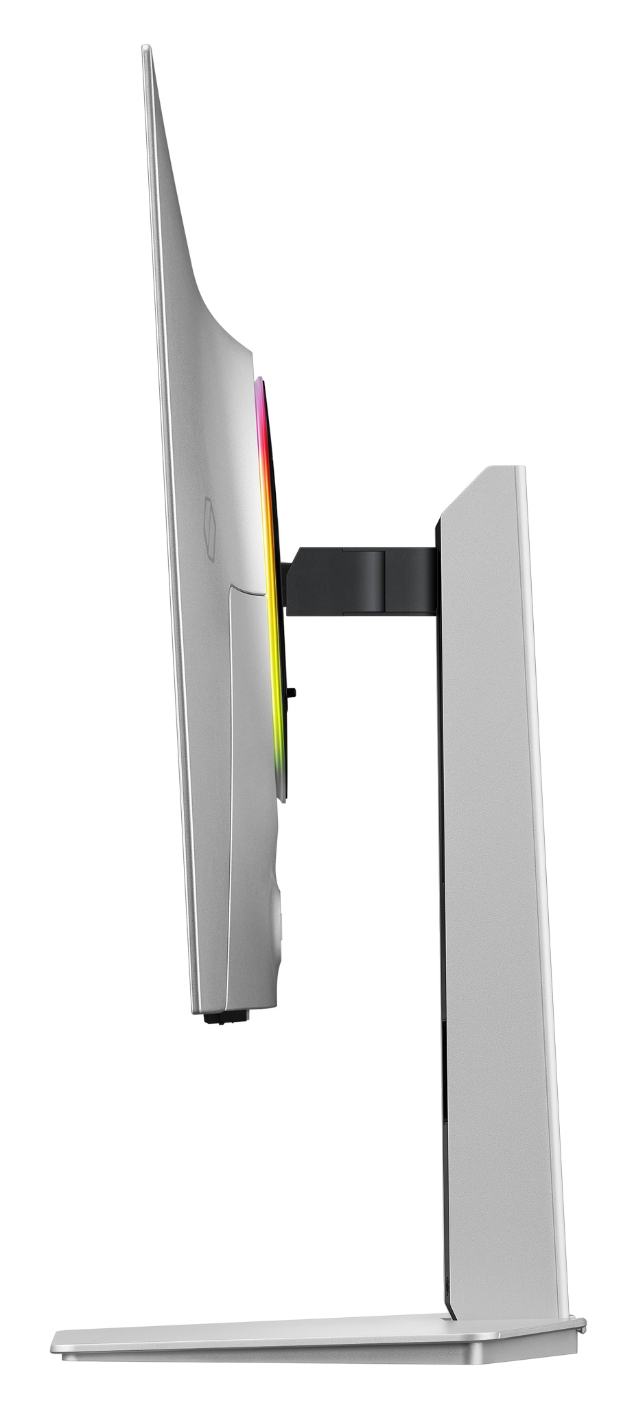 Widok z boku srebrnego monitora na stojaku z oświetleniem RGB z tyłu.