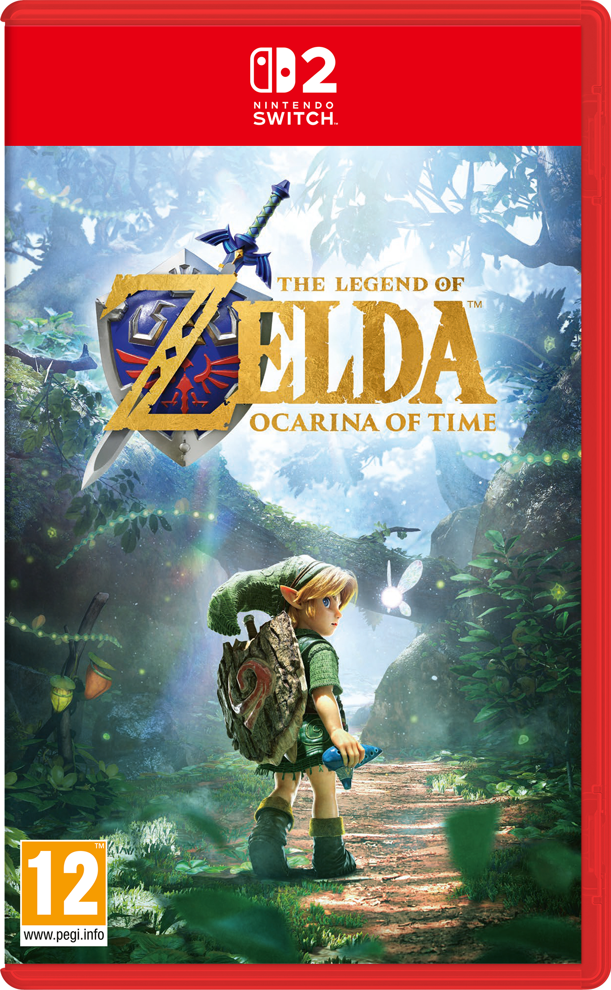 Link steht auf einem Waldweg mit einem Schild und einem Schwert vor dem Logo von The Legend of Zelda: Ocarina of Time.