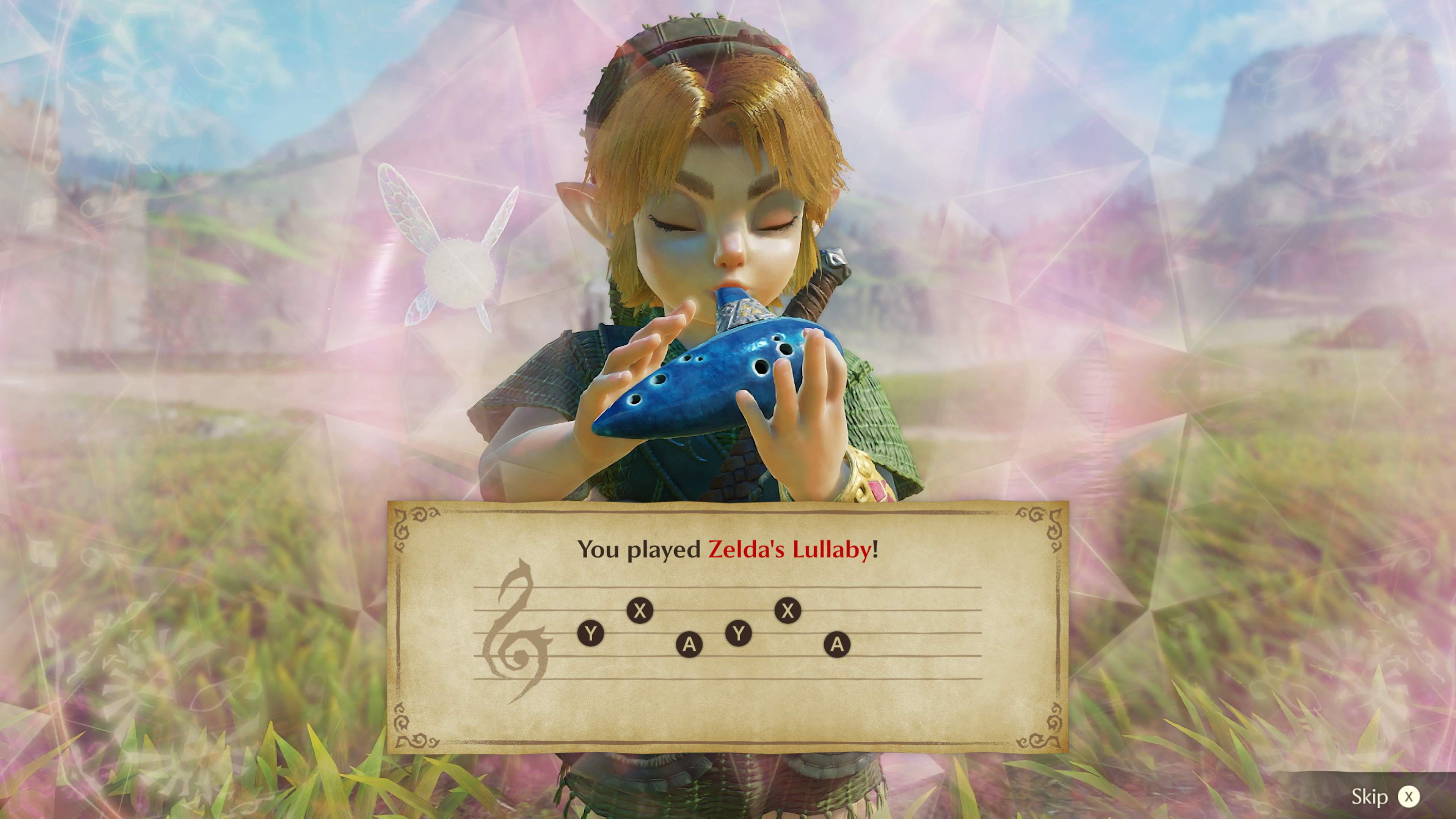 Link spielt eine Okarina im Freien, begleitet von einer Fee. Ein Notenblatt zeigt: You played Zelda's Lullaby!