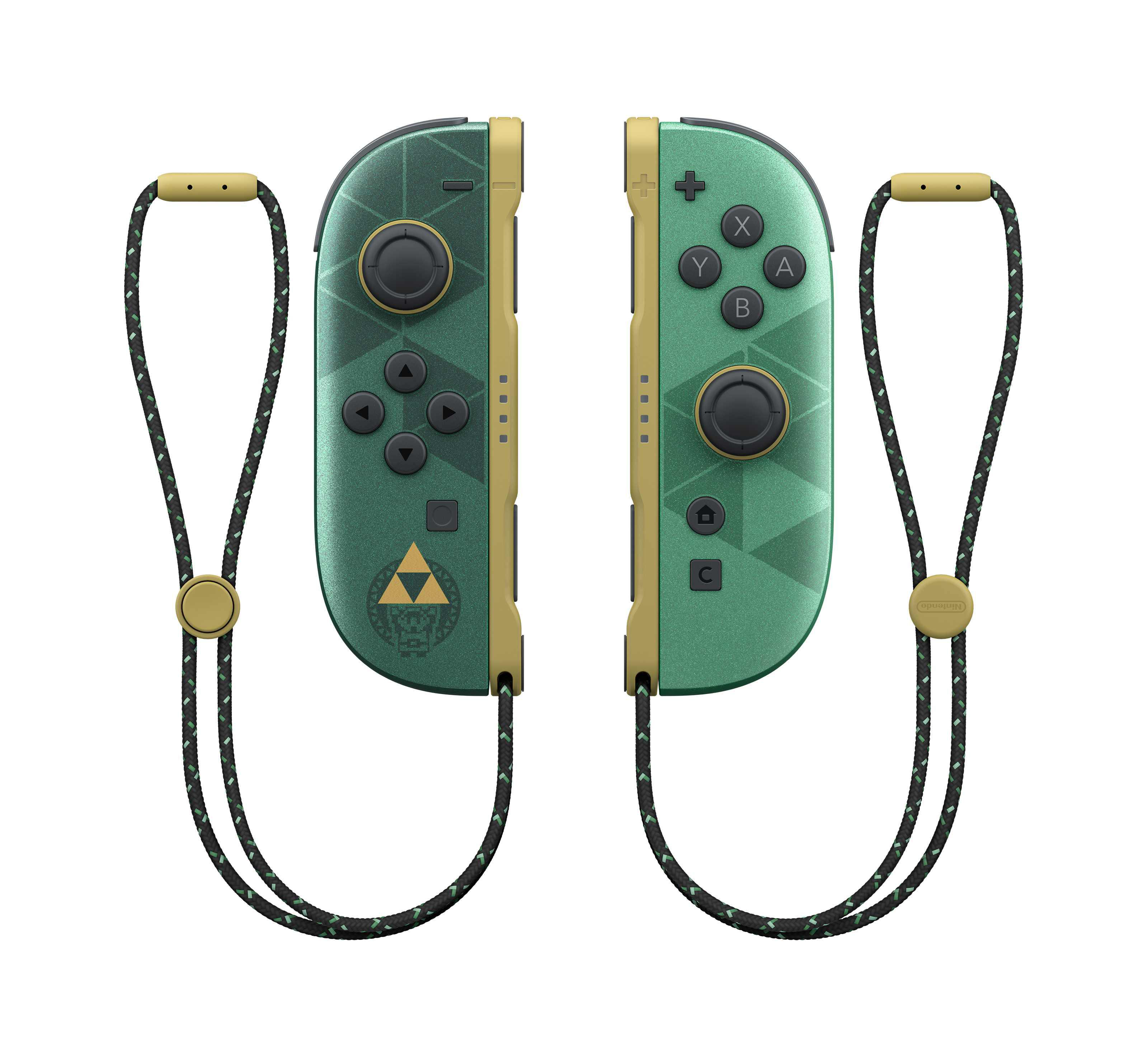 Grüne und goldene Zelda-Themen Nintendo Switch Joy-Con Controller mit Schlaufen auf weißem Hintergrund.