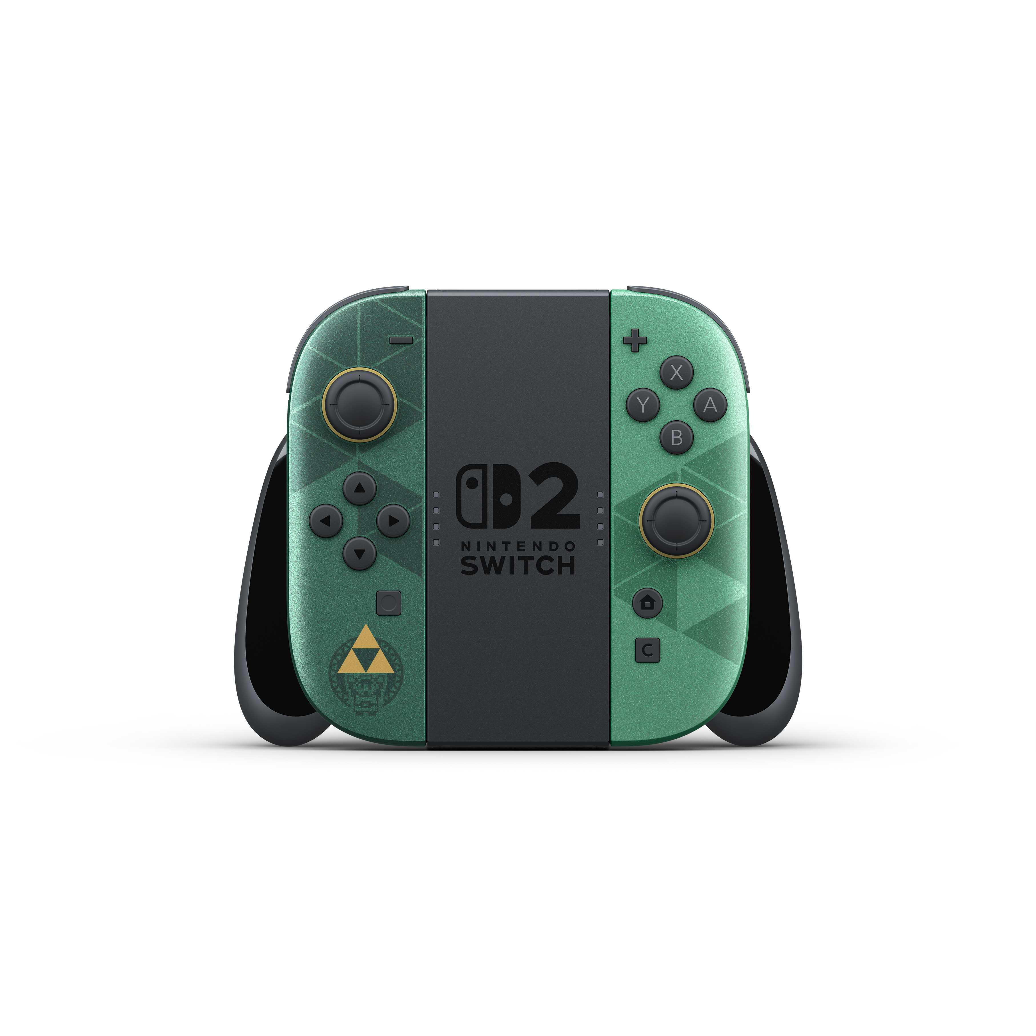 Grüner Zelda-Nintendo-Switch-2-Controller in einem schwarzen Grip-Halter mit goldenem Triforce-Logo.