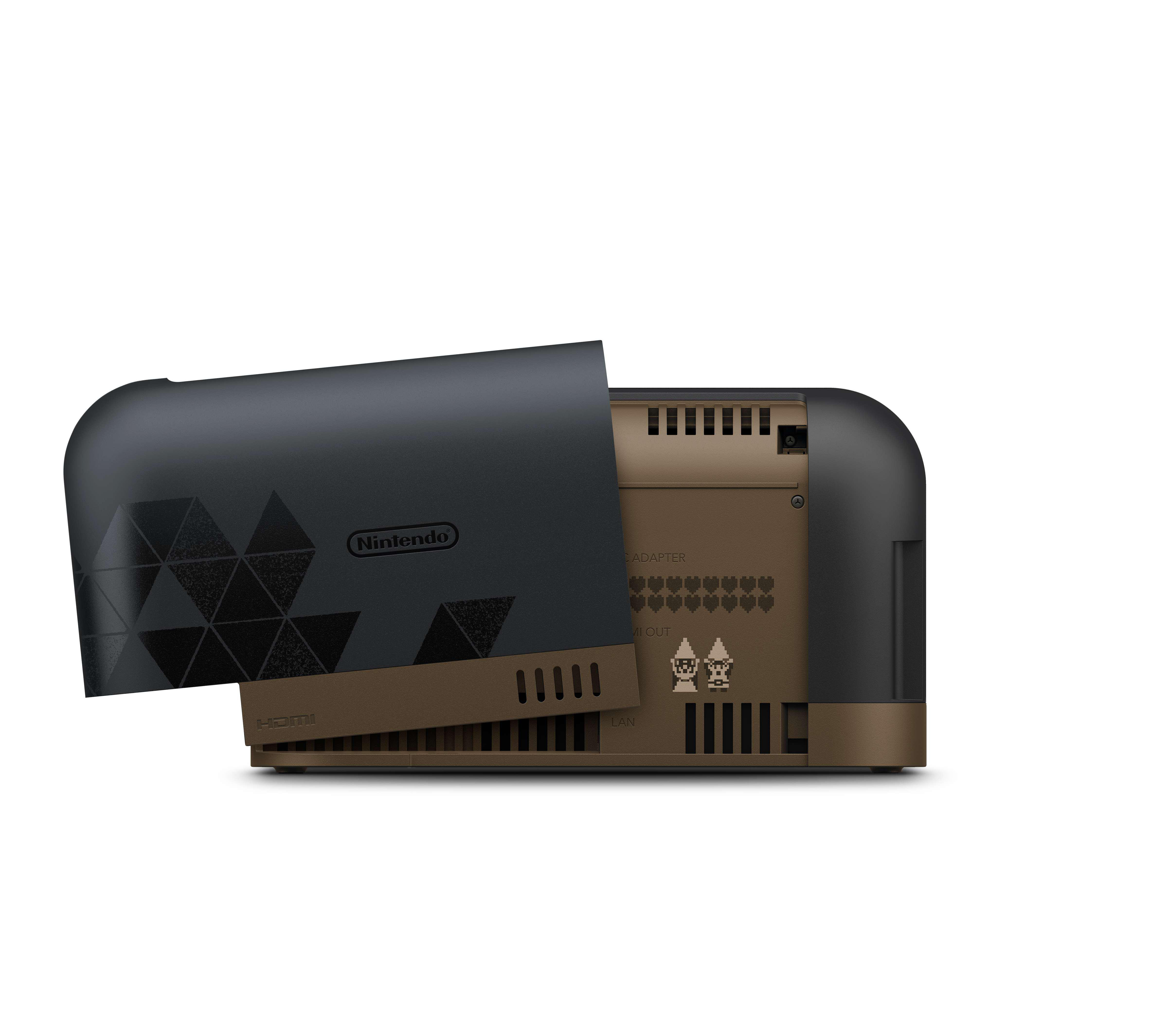 Eine offene schwarze Nintendo-Konsole mit braunen Akzenten und Pixel-Grafiken auf weißem Hintergrund.