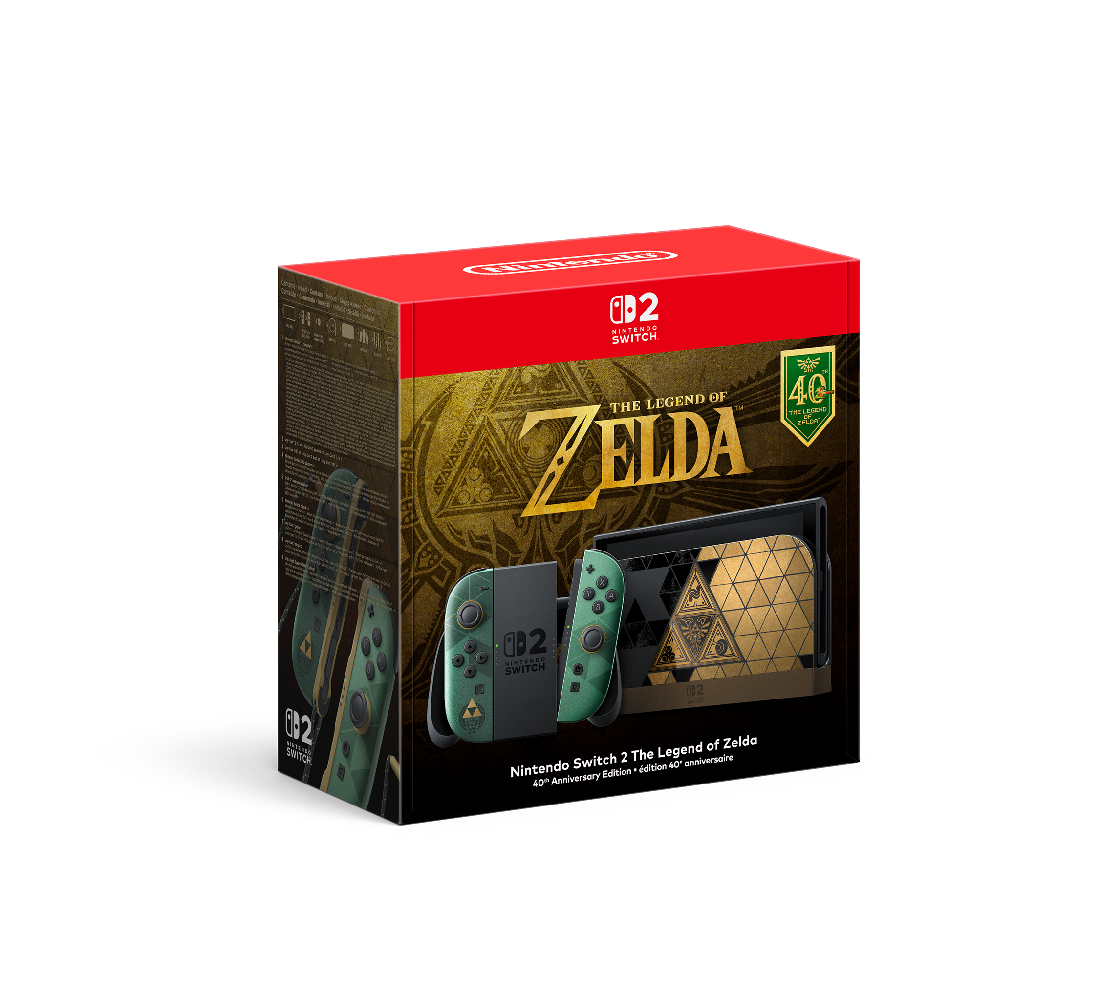 Verpackung der Nintendo Switch 2 The Legend of Zelda Edition in Rot, Gold und Grün.
