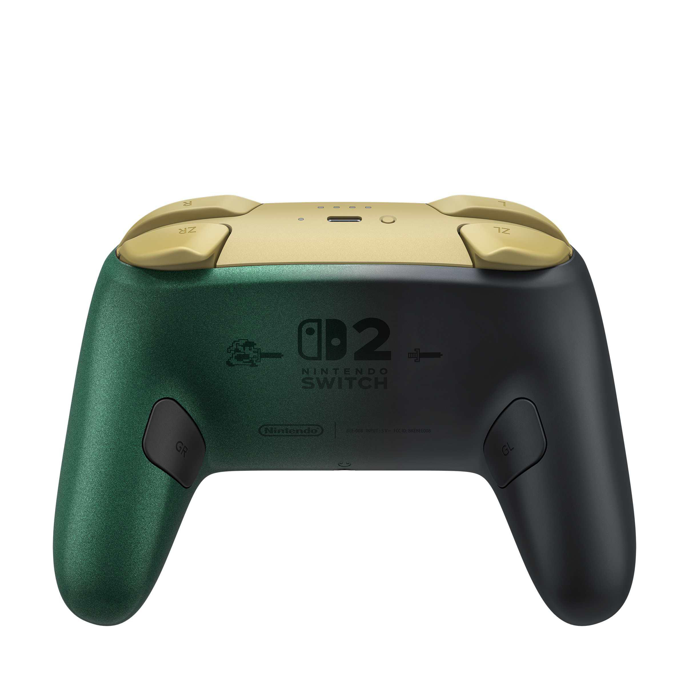 Rückseite eines grün-schwarzen Nintendo Switch 2-Controllers mit goldenen Tasten.