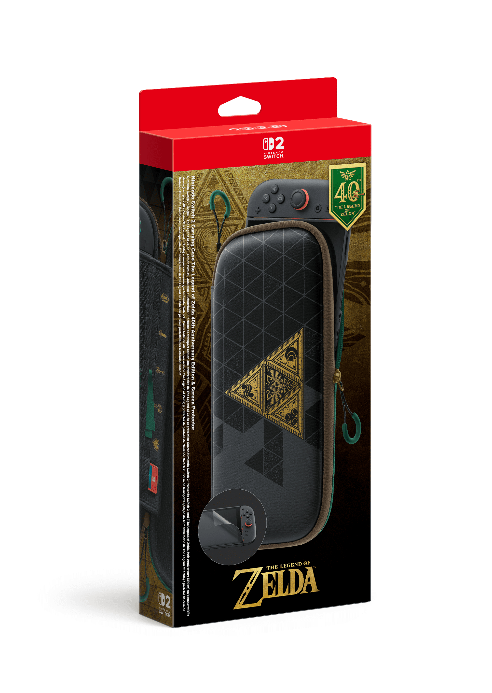 Rot-schwarze Verpackung der Zelda 40th Anniversary Nintendo Switch 2 Tragetasche mit Triforce-Symbol.