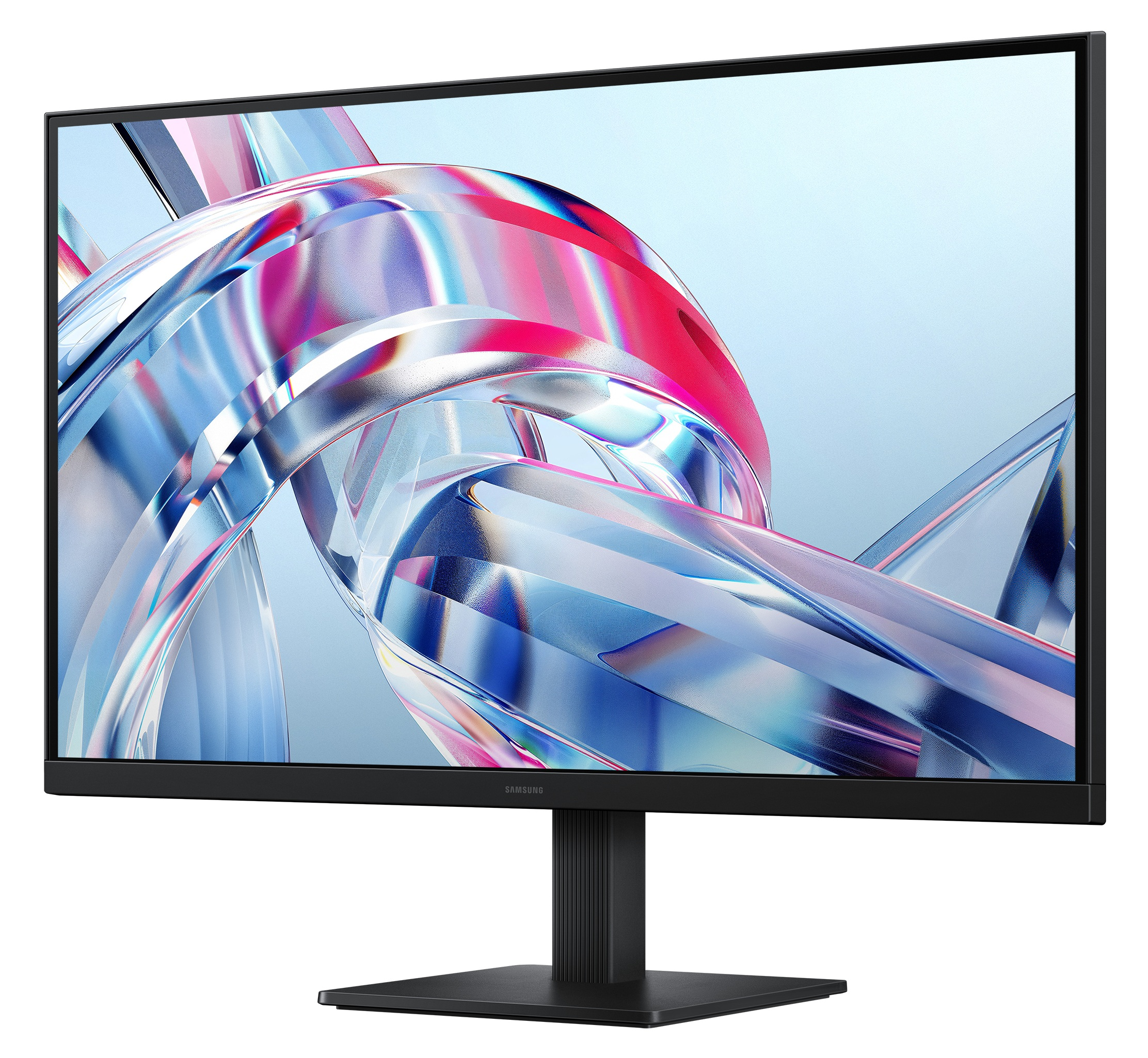 Monitor Samsung wyświetlający abstrakcyjny, kolorowy i błyszczący wzór fal na białym tle.
