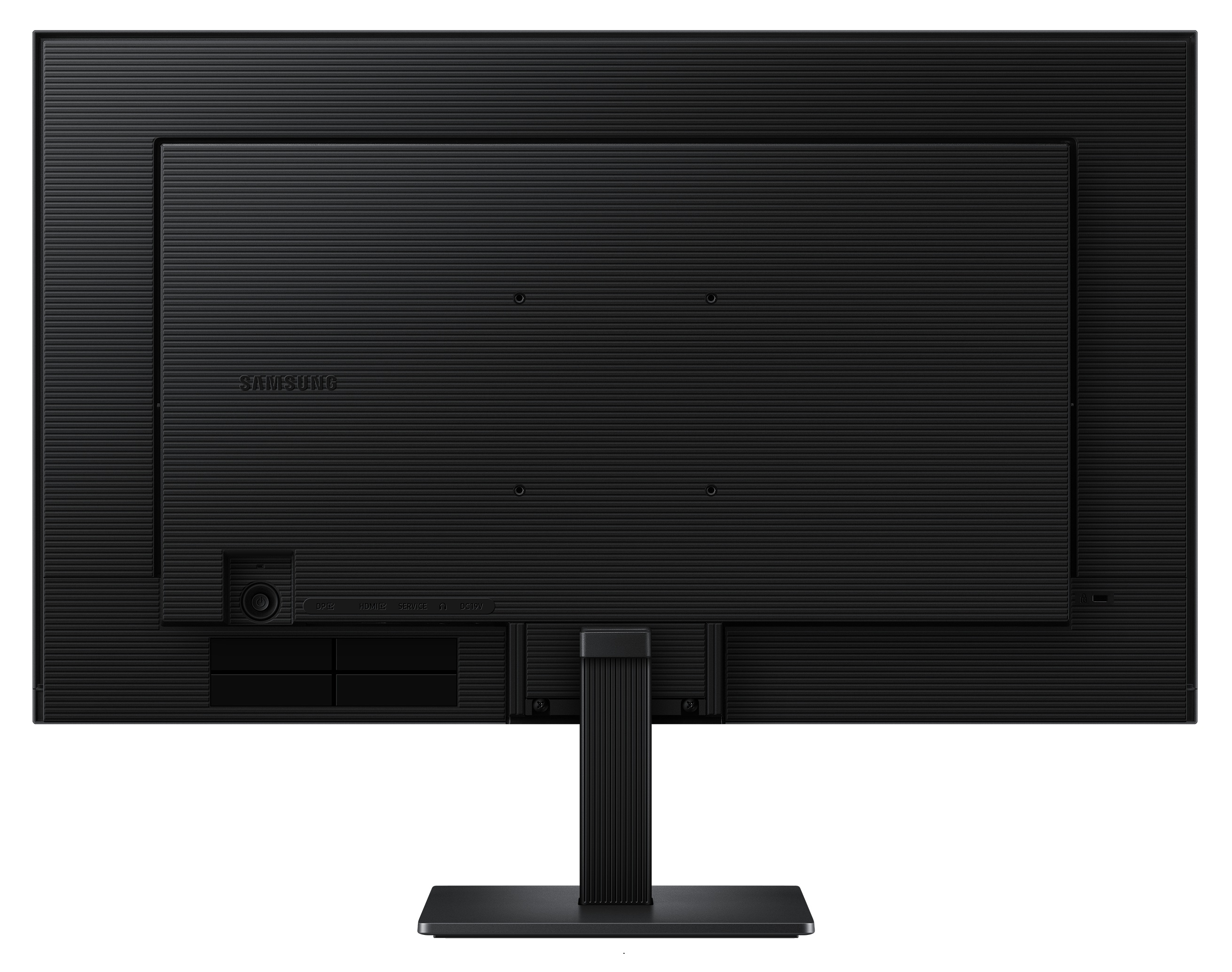 Widok z tyłu czarnego monitora Samsung z podstawą i portami.