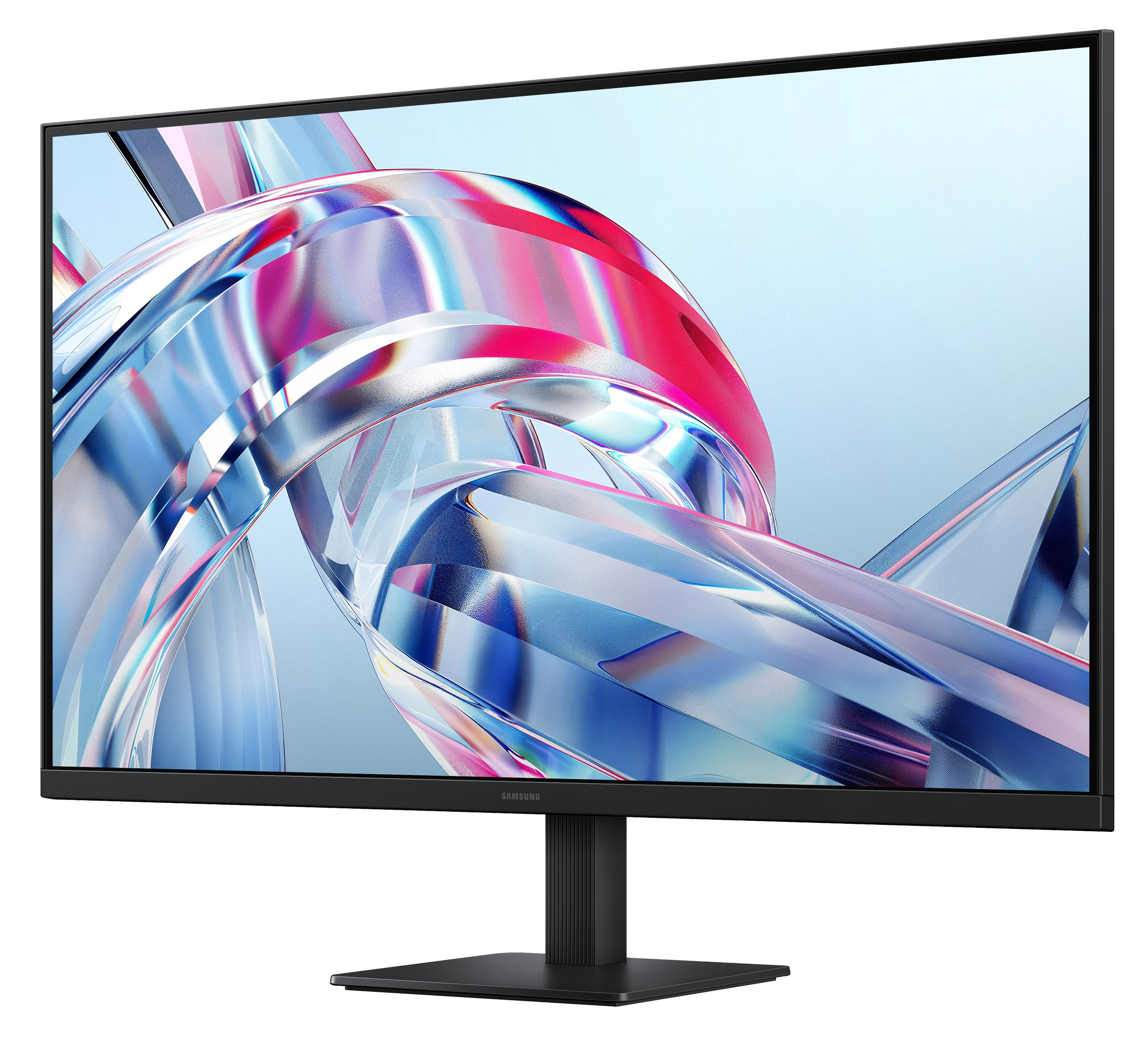 Czarny monitor Samsung na białym tle z abstrakcyjnymi, kolorowymi kształtami na ekranie.