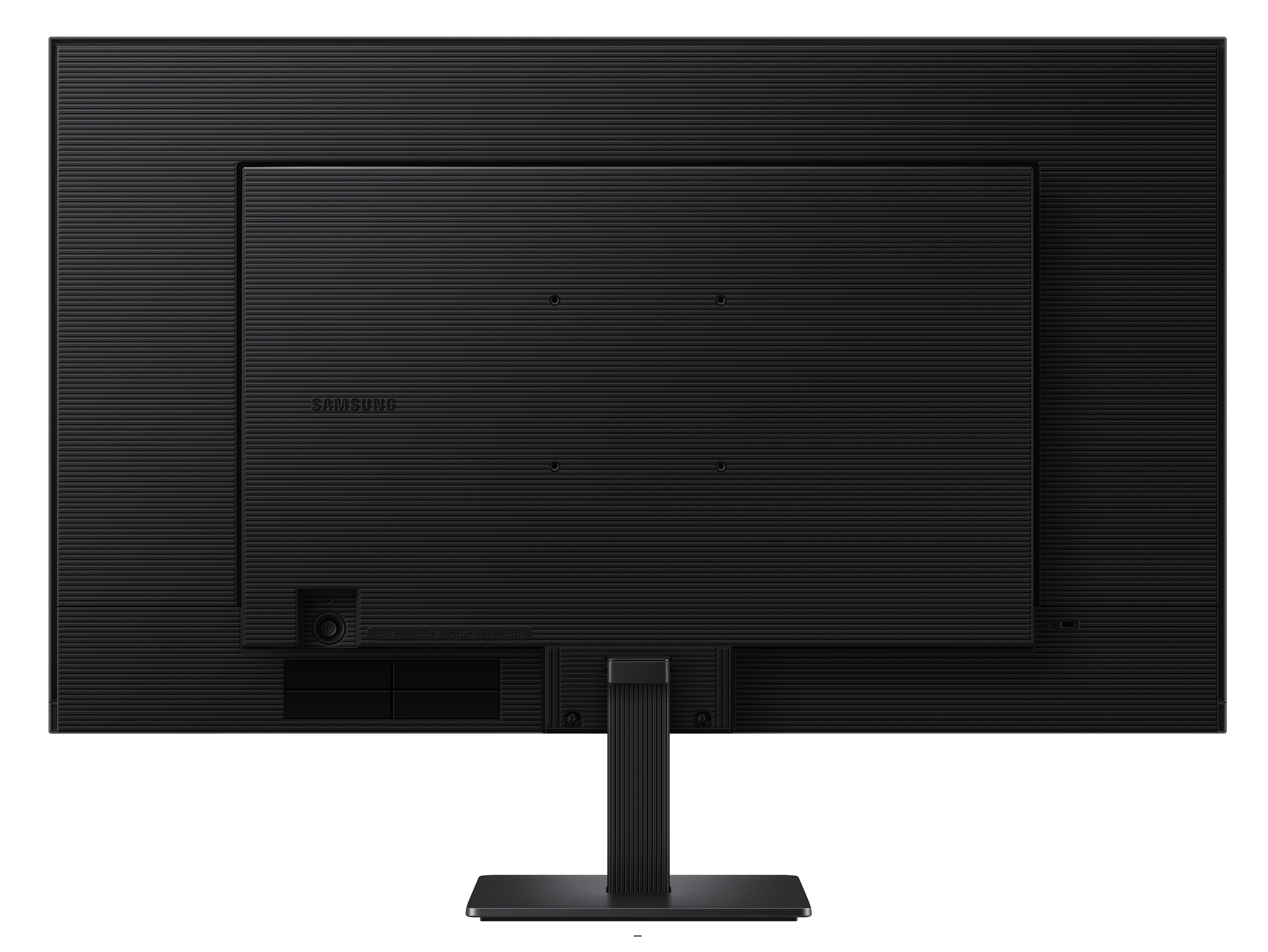 Widok z tyłu czarnego monitora Samsung z portami, otworami VESA i podstawą na białym tle.