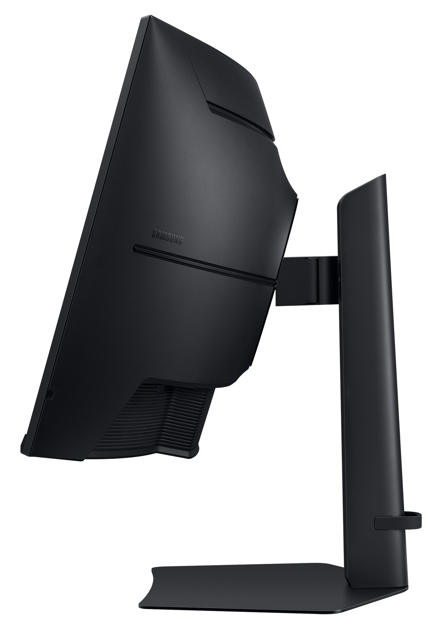 Widok z tyłu czarnego monitora Samsung ze stojakiem na białym tle.