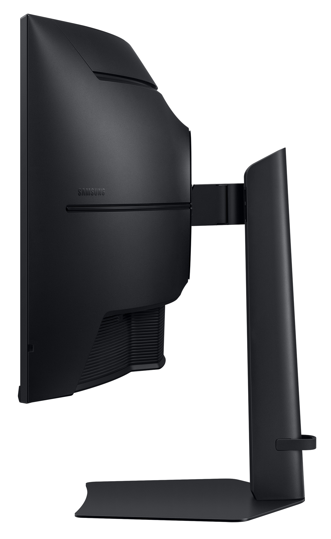 Widok z tyłu czarnego monitora komputerowego Samsung z ergonomiczną podstawą.
