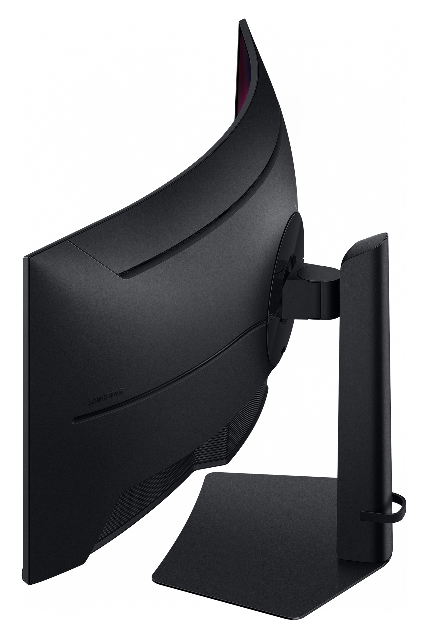Widok z tyłu czarnego zakrzywionego monitora ze stojakiem na białym tle.