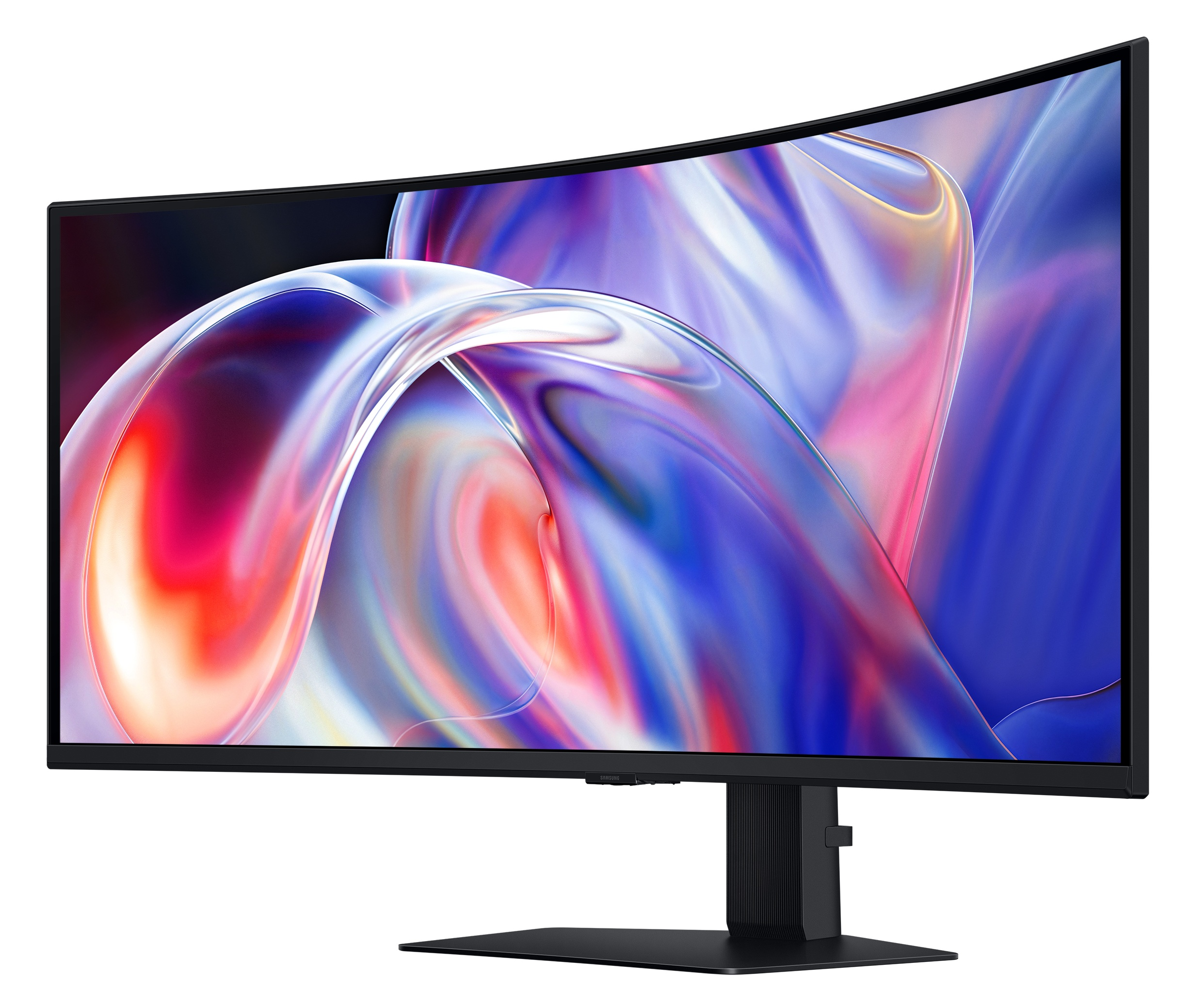 Zakrzywiony monitor Samsung wyświetlający kolorową, abstrakcyjną tapetę na białym tle.