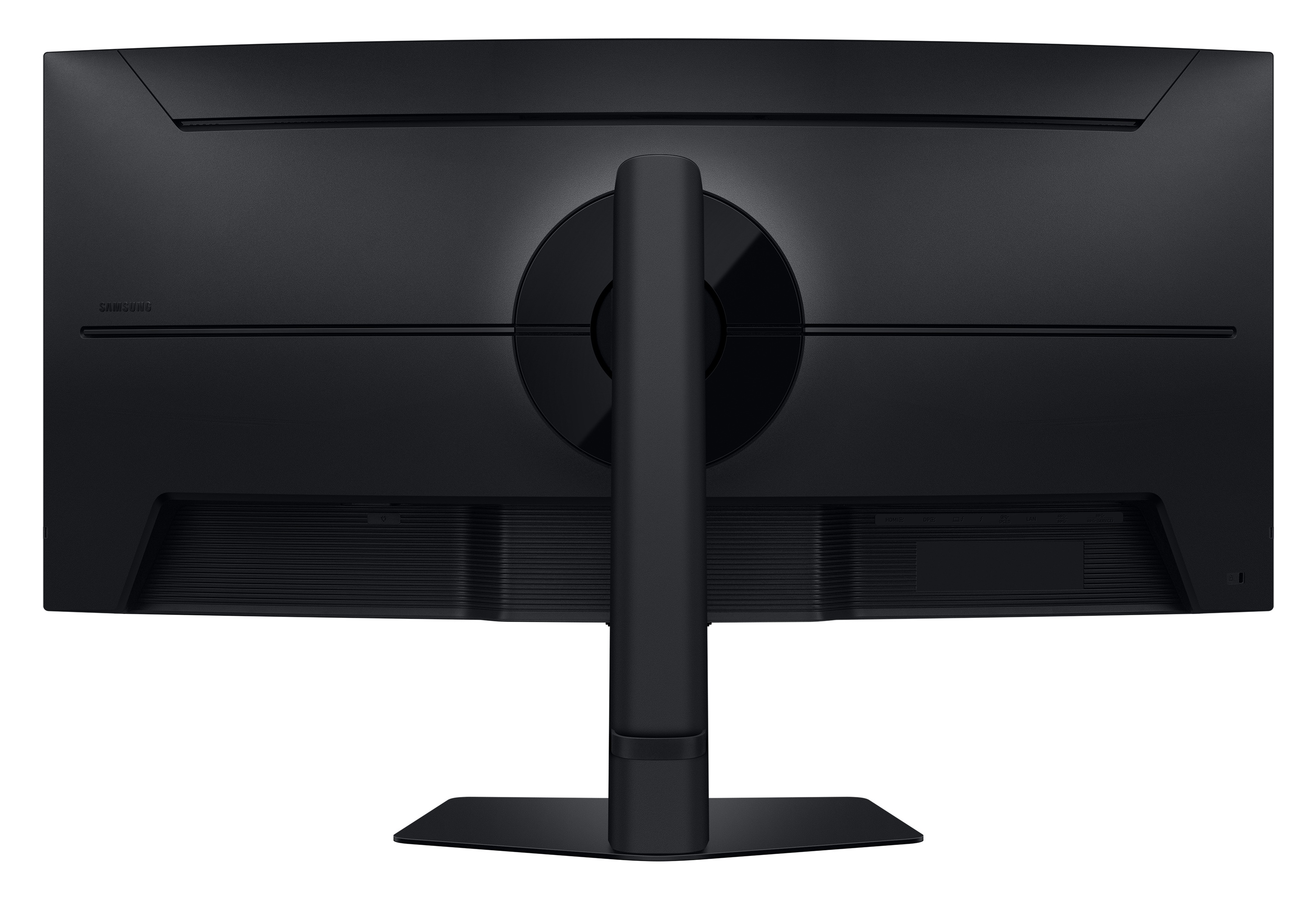 Widok z tyłu czarnego monitora Samsung z podstawą i poziomymi liniami na neutralnym tle.