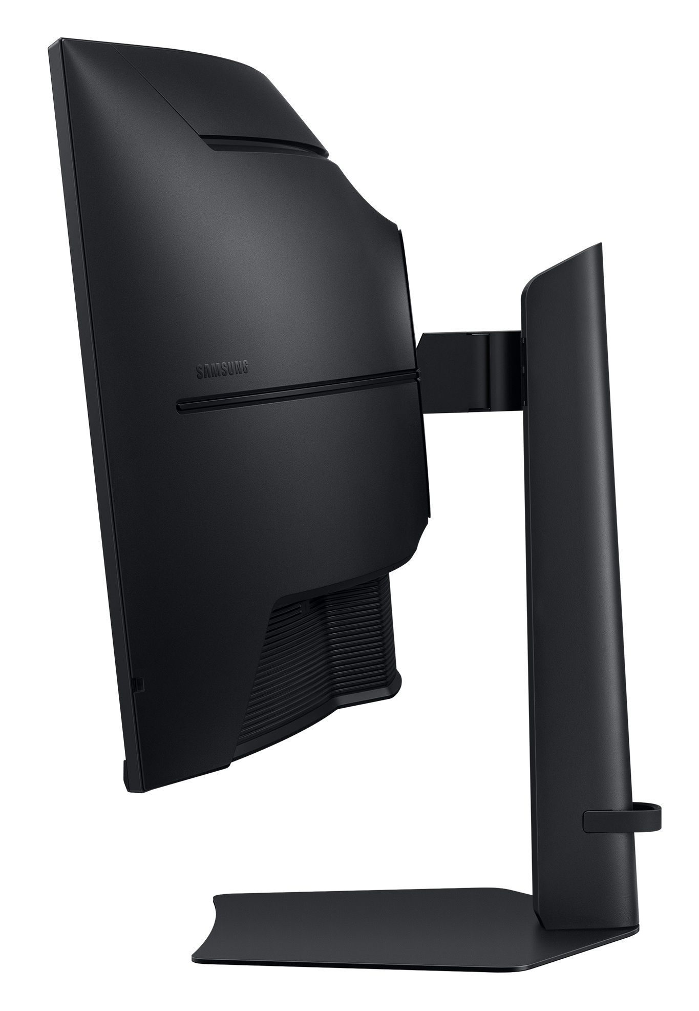 Widok z tyłu czarnego monitora Samsung z ergonomiczną podstawą na białym tle.