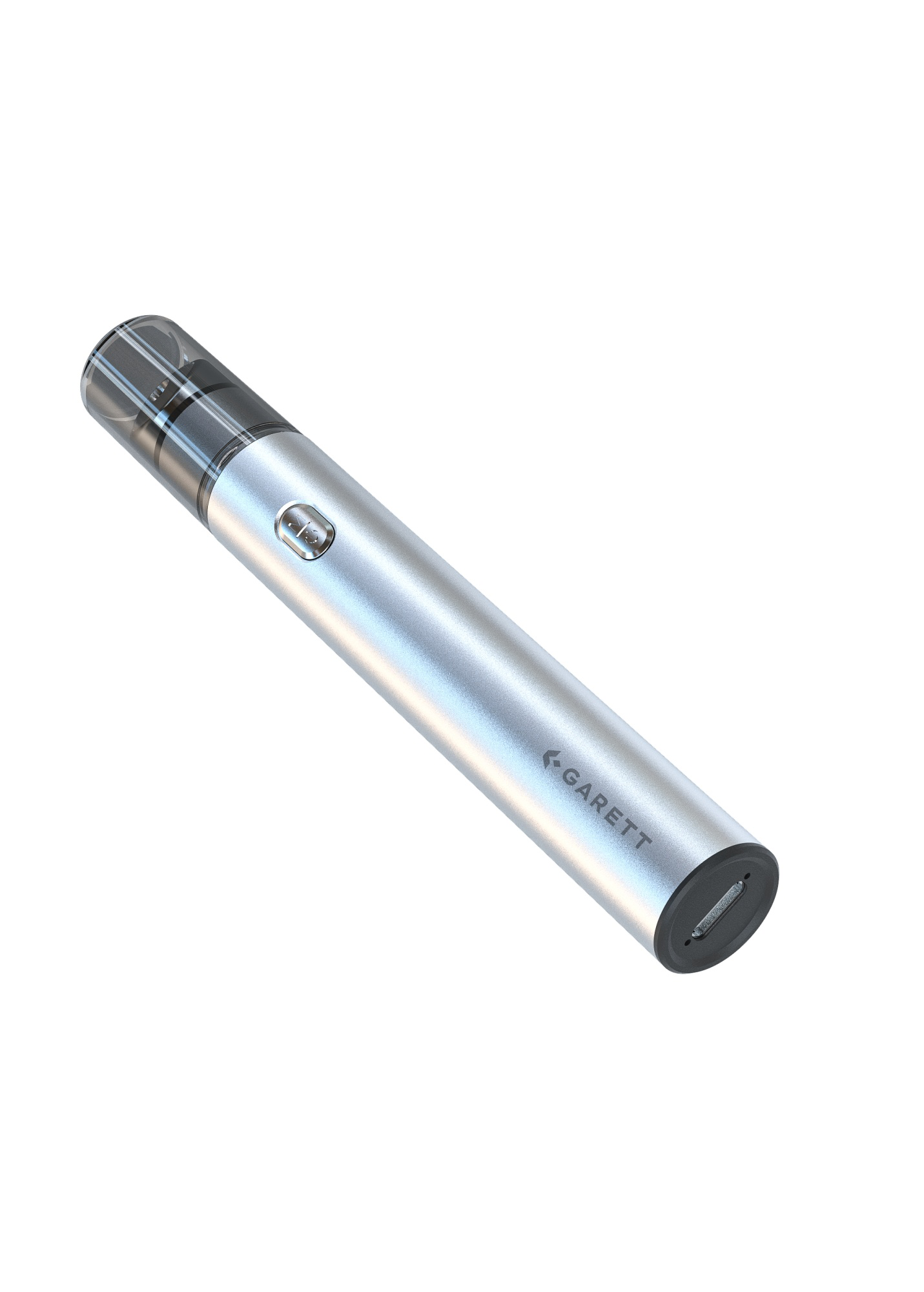 Egy ezüst színű Garett vape készülék átlátszó szopókával és töltőcsatlakozóval fehér háttér előtt.