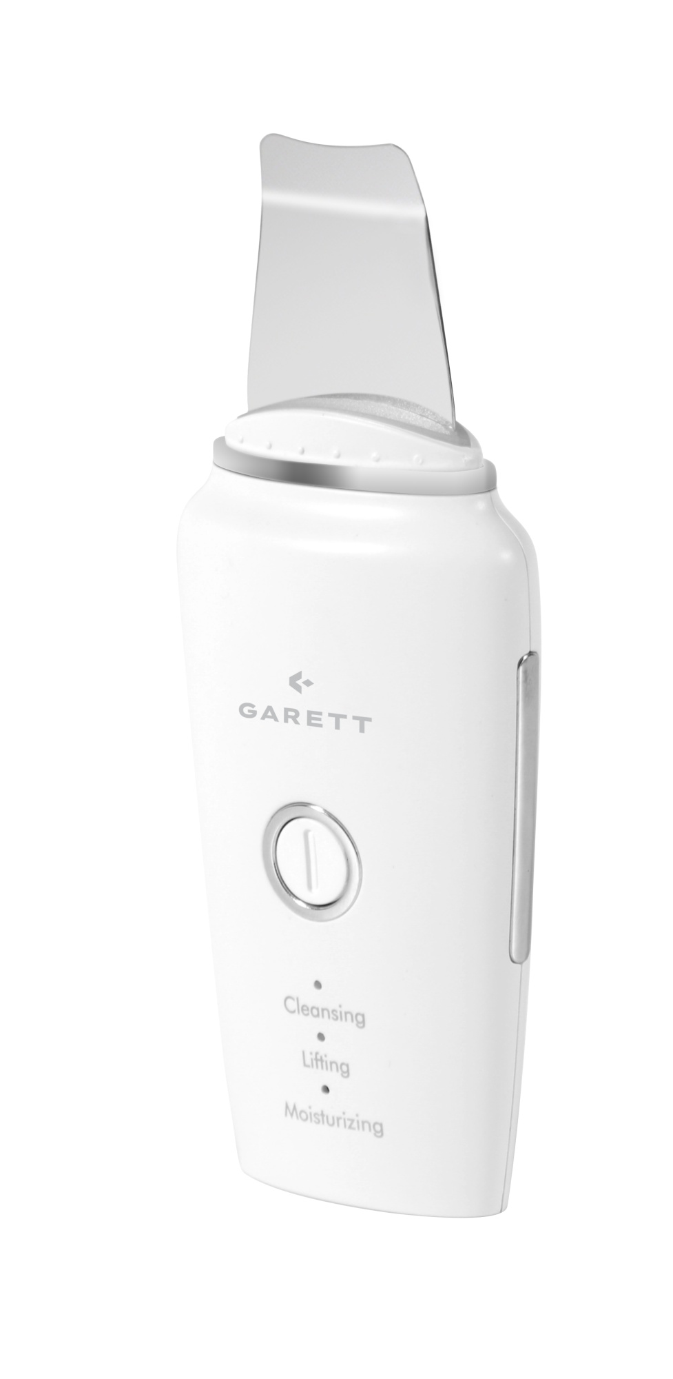 Fehér színű Garett kavitációs peeling készülék ezüst spatulaméllyel és bekapcsológombbal fehér alapon.