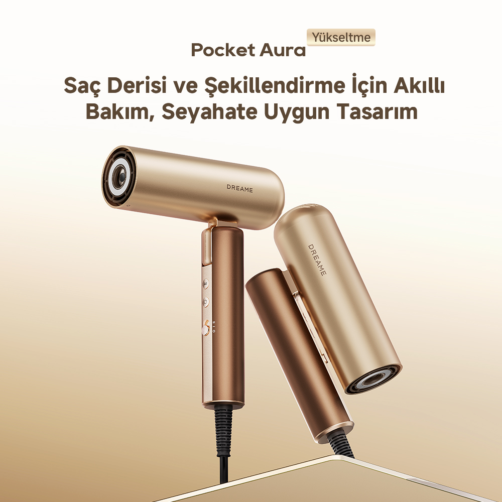 Altın arka plan üzerinde Türkçe metin içeren iki adet altın renkli saç kurutma makinesi.