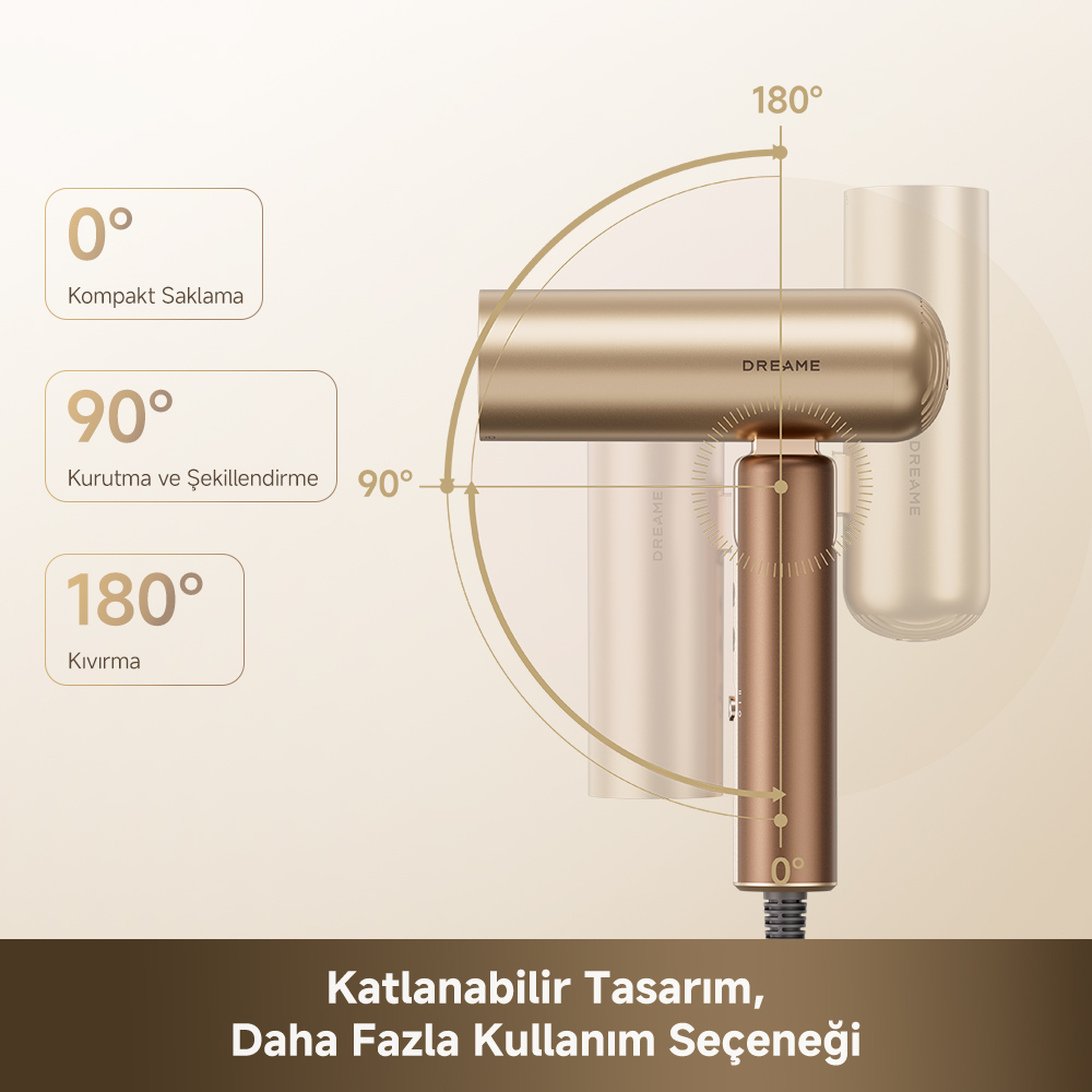 0, 90 ve 180 derece katlanma açılarına sahip altın renkli Dreame saç kurutma makinesi.