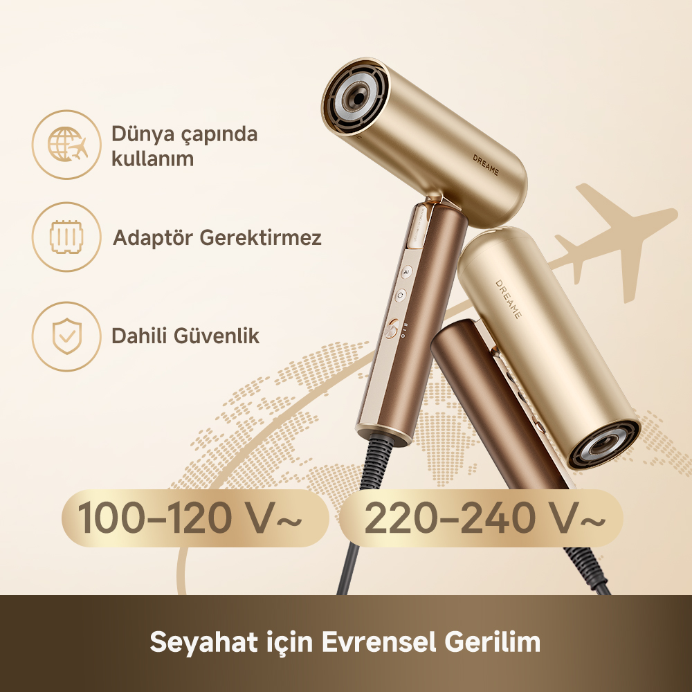 Özellikleri ve evrensel voltaj desteği olan altın renkli seyahat saç kurutma makinesi.