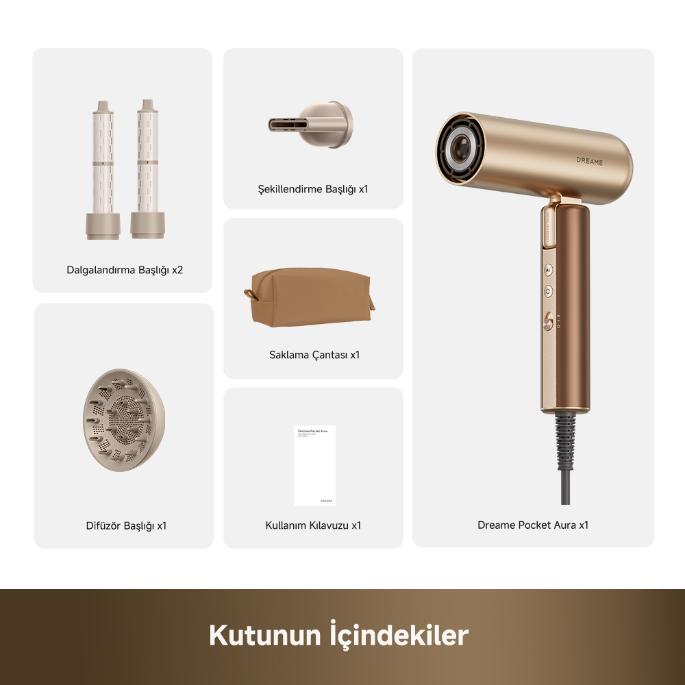 Gri arka planda başlıklar, saklama çantası ve kılavuz ile altın rengi saç kurutma makinesi.