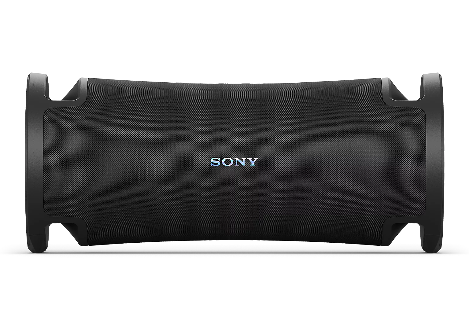 Her iki ucunda kulplar ve ortasında ışıklı Sony logo bulunan siyah renkli taşınabilir Sony hoparlör.
