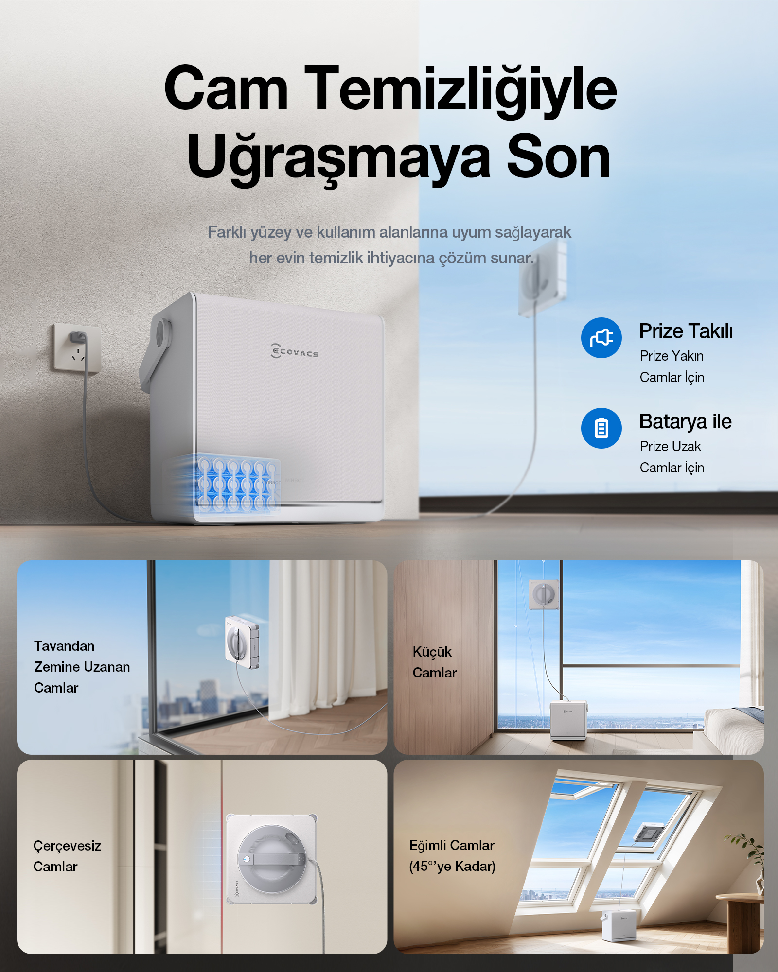 Prize takılı ve bataryalı kullanım seçenekleriyle farklı cam yüzeyleri temizleyen Ecovacs robotu.