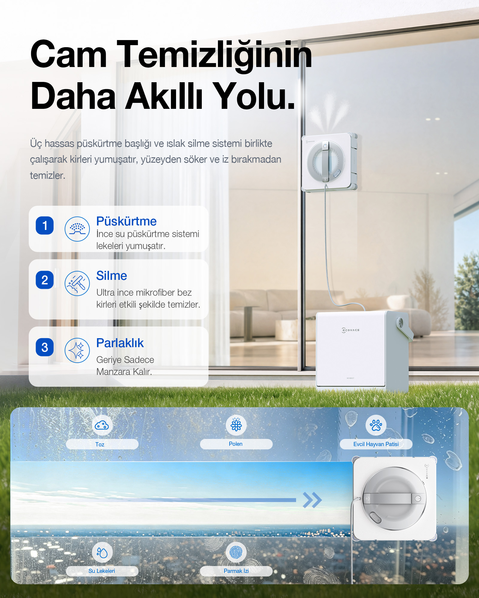 Beyaz cam temizleme robotu camı temizliyor, iç ve dış mekan arka planında metin ve özelliklerle gösteriliyor.