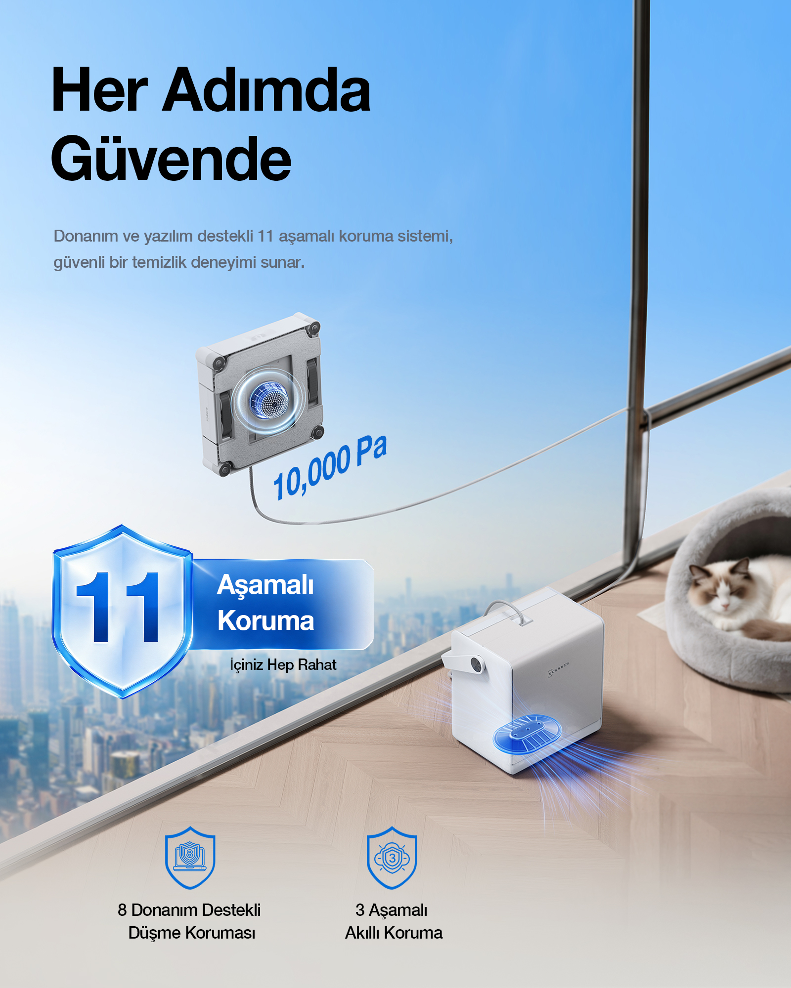 Manzara önünde 10.000 Pa ve 11 aşamalı koruma sistemine sahip cam temizleme robotu.