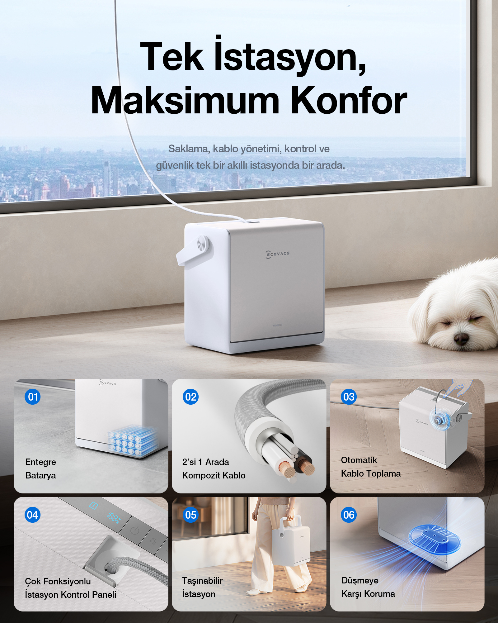 Uyuyan bir köpek, metin ve altında altı özellik görseli olan beyaz bir Ecovacs istasyonu.