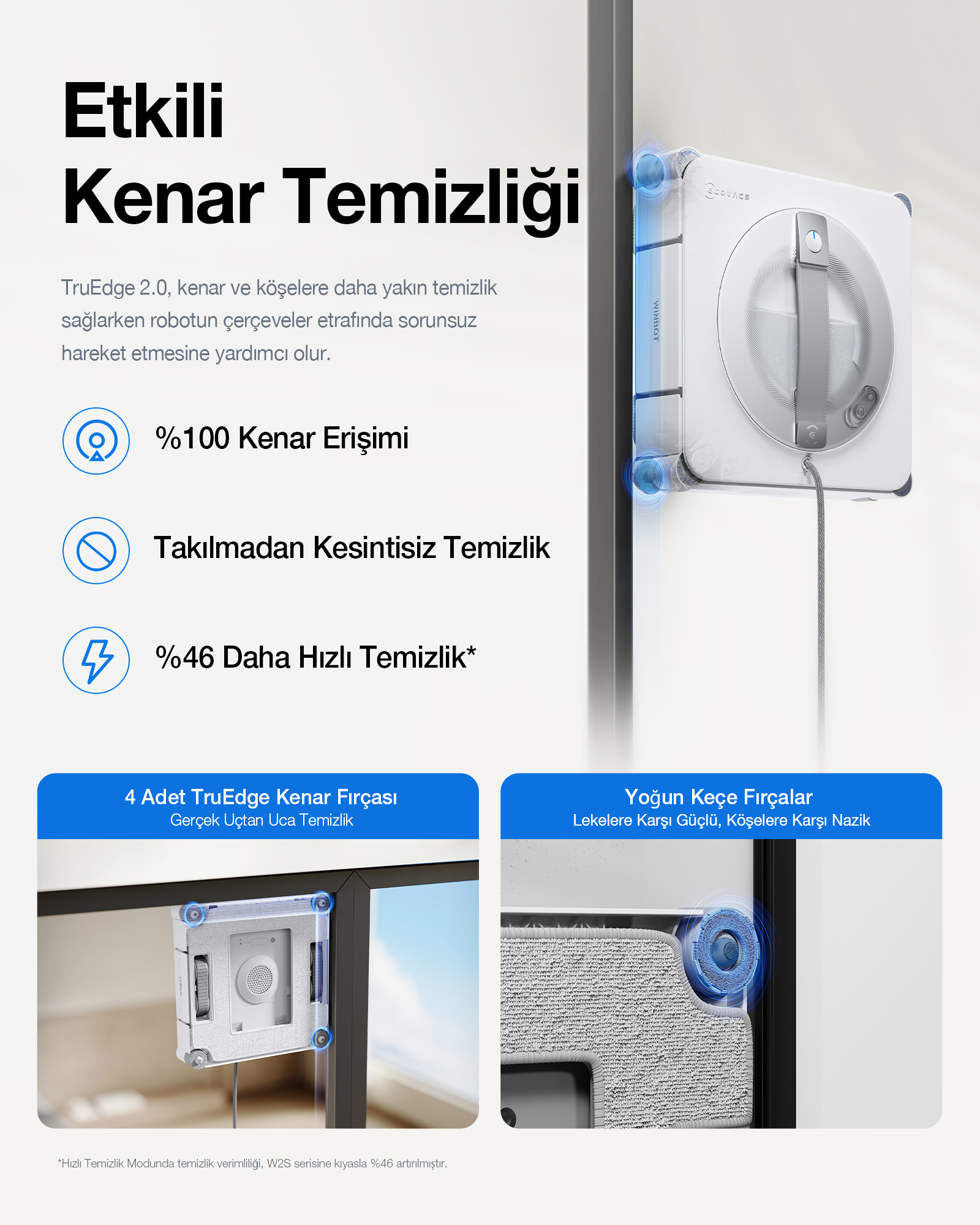 Beyaz bir cam temizleme robotu camı temizliyor, arkada metinler ve özellikler var.