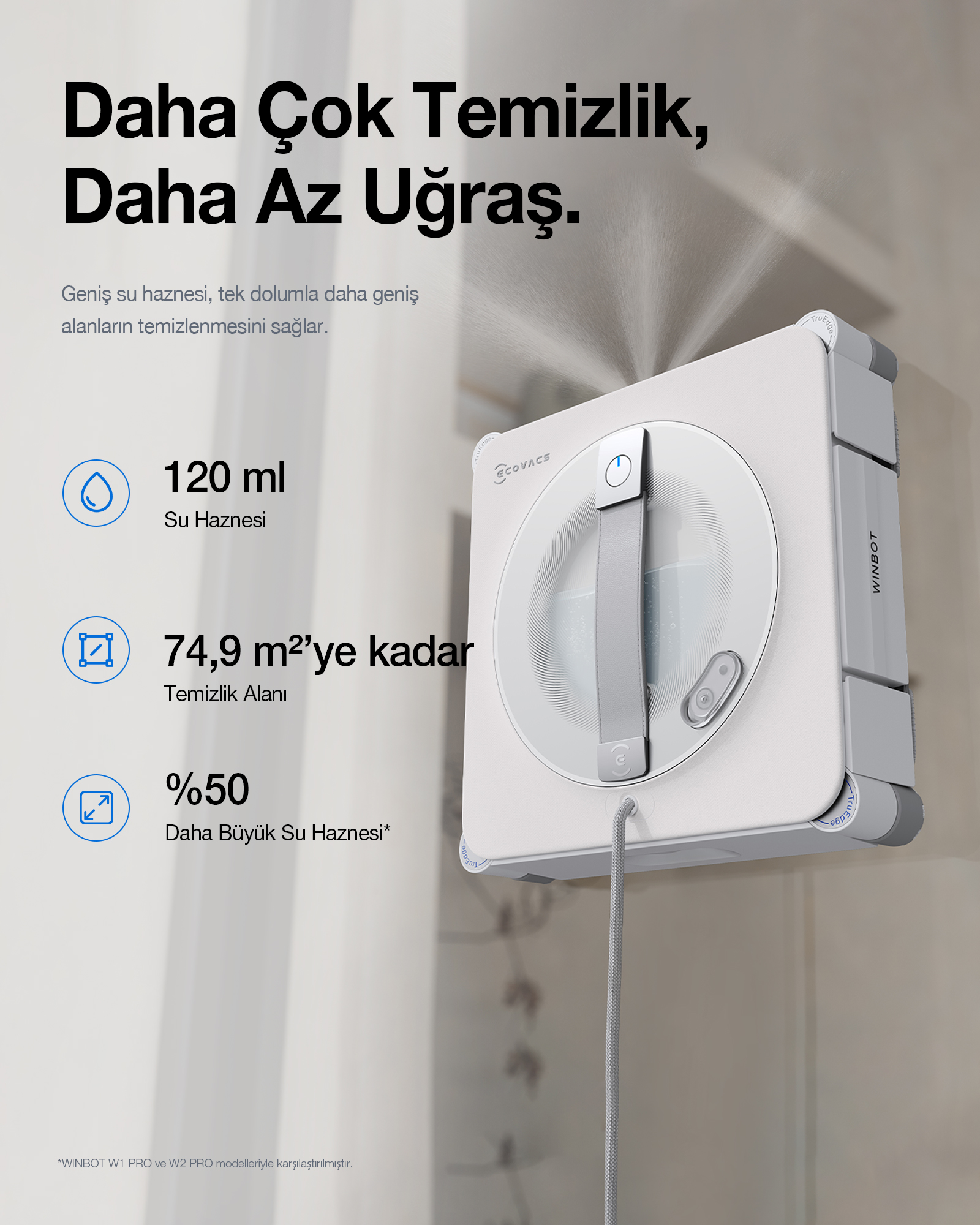 Beyaz Ecovacs cam temizleme robotu cama su püskürtüyor, yanında Türkçe tanıtım yazıları bulunuyor.