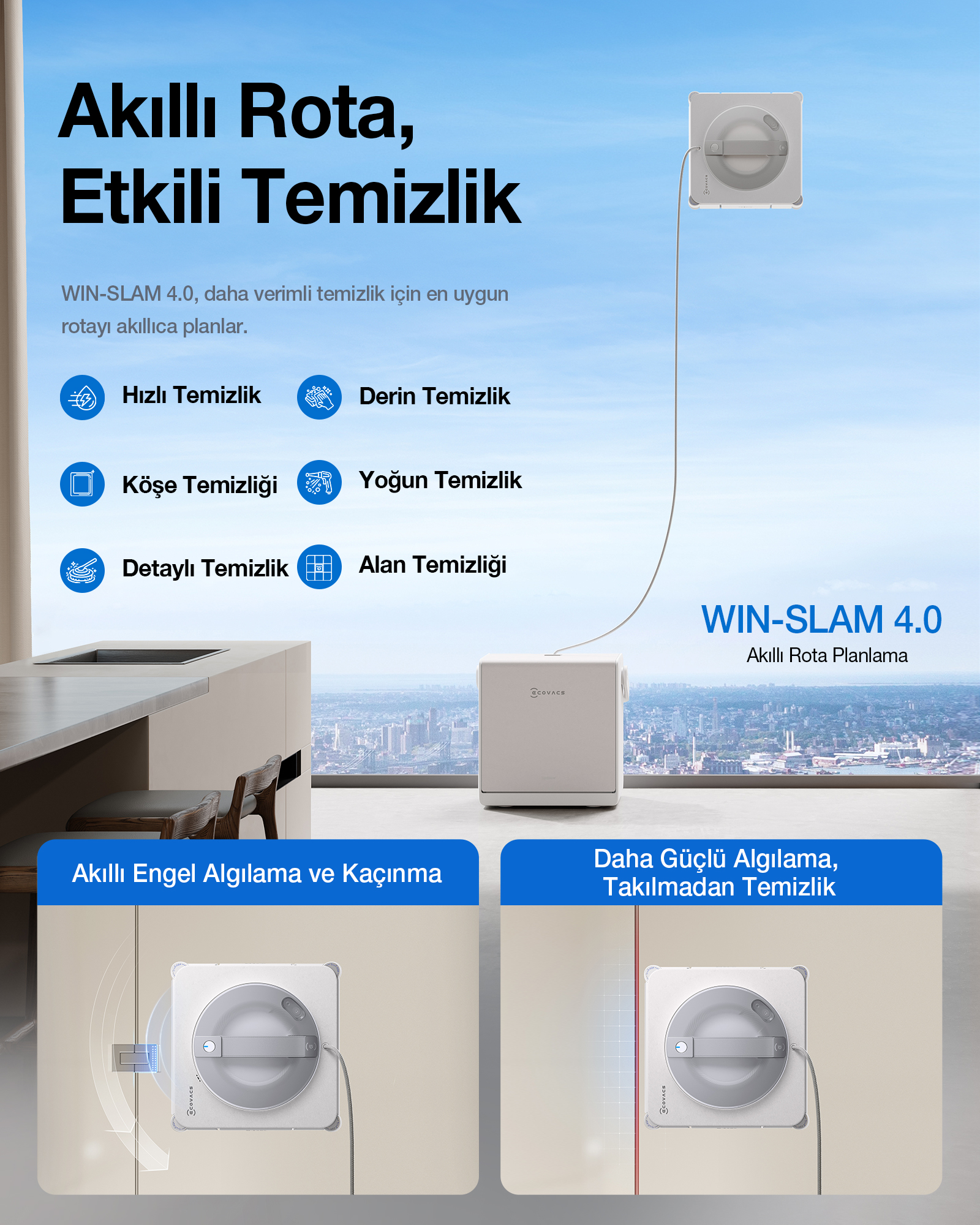 Akıllı cam silme robotu reklamı, temizlik modları ve şehir manzaralı arka plan.