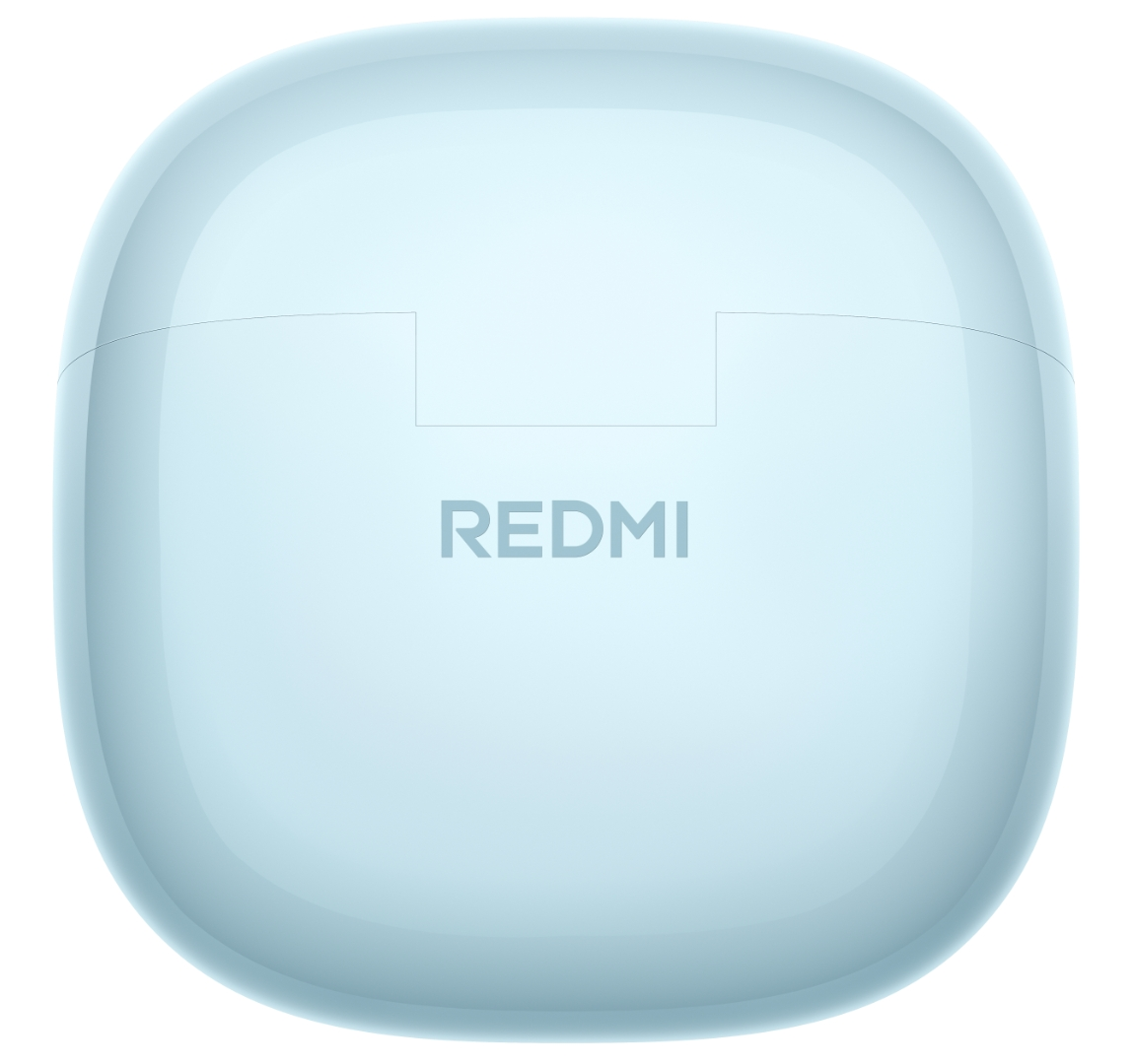 Beyaz arka plan üzerinde yuvarlatılmış köşeli açık mavi Redmi şarj kutusu.
