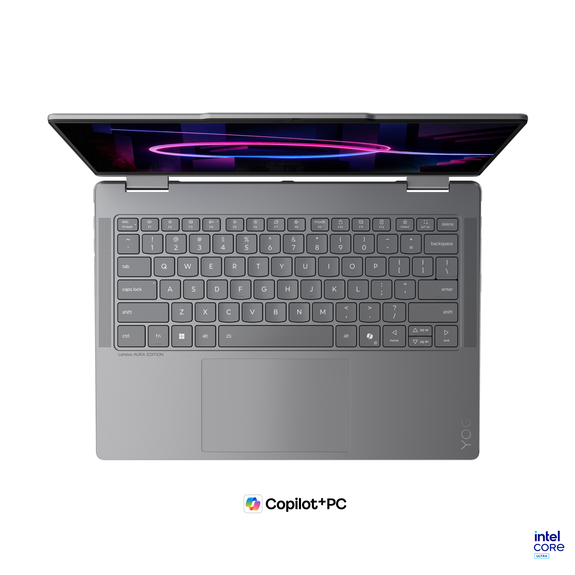 Siyah arka plan üzerinde aydınlatılmış ekranlı ve QWERTY klavyeli gri Lenovo Yoga dizüstü bilgisayarın üstten görünümü.