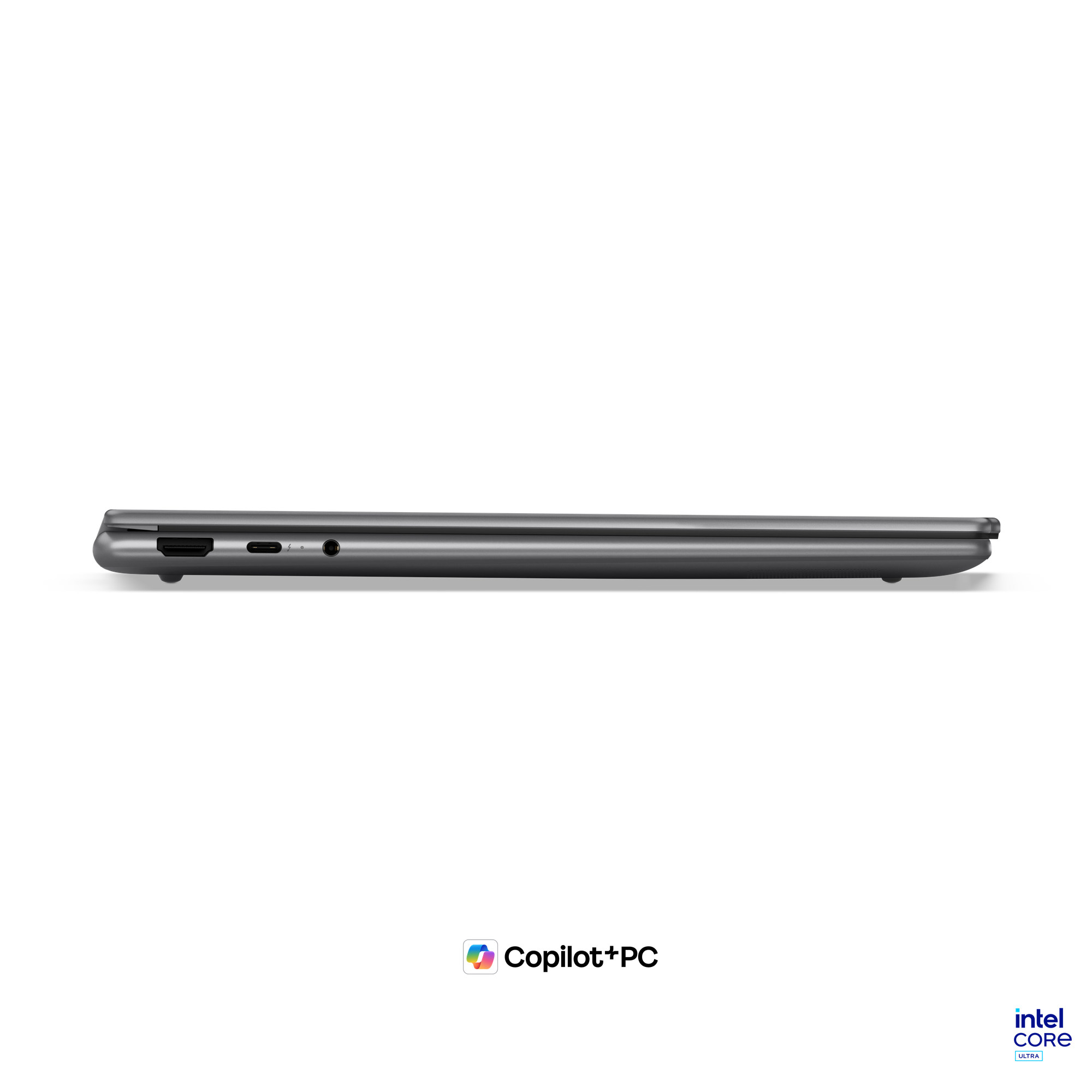 Siyah arka planda USB-C ve HDMI gibi bağlantı noktalarını gösteren gri dizüstü bilgisayarın yan görünümü.