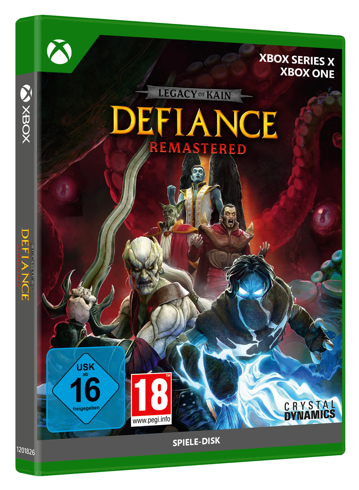 Xbox-Spielhülle für Legacy of Kain: Defiance Remastered mit Charakteren vor rotem Hintergrund und USK-16-Logo.