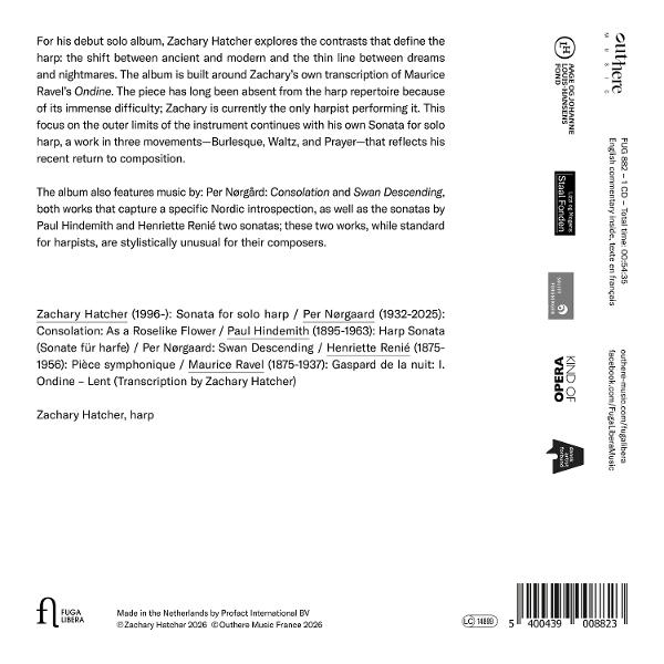 Rückseite einer CD-Hülle mit Text über Zachary Hatcher und sein Harfenalbum, Trackliste und Barcode unten.