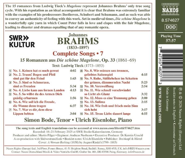 CD-Rückseite mit trackliste von Johannes Brahms' Komplette Lieder, vol. 7, auf Naxos.