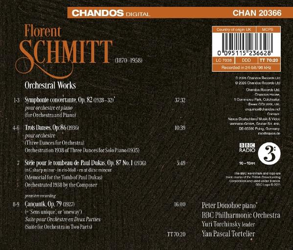CD-Rückseite für Florent Schmitt Orchestral Works mit Titelverzeichnis, Künstlern und Barcode.