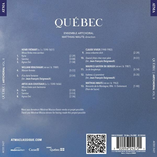 Rückseite des CD-Covers von 'Québec' mit Tracklist auf blauem Hintergrund.