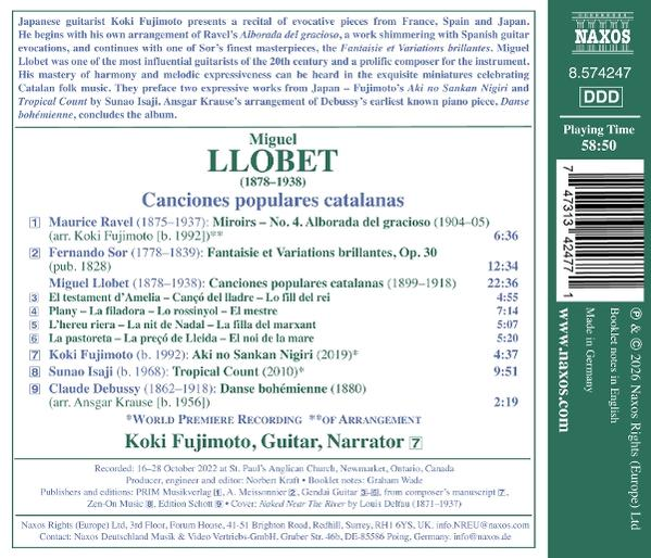 CD-Rückseite mit Tracklist, Texten und Barcode für Miguel Llobets Canciones populares catalanas von Koki Fujimoto.