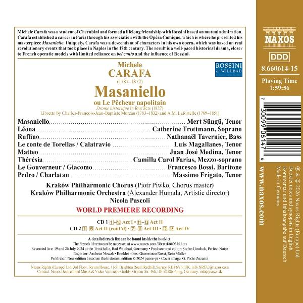 CD-Rückseite mit den Mitwirkenden von Michele Carafas Oper Masaniello.