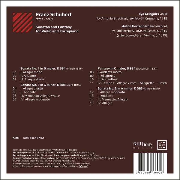 Rückseite einer CD mit Franz Schuberts Sonaten und Fantasie, Trackliste und weißem Text auf braunem Grund.