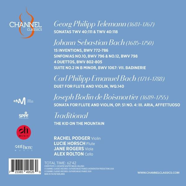 Blaue CD-Rückseite mit weißem Text und Tracklist für klassische Musik von Bach, Telemann und anderen.