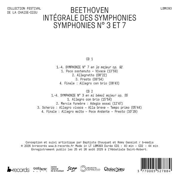 Rückseite eines Beethoven-CD-Albums mit Tracklisten für Symphonien 3 und 7, Logos und Barcode.