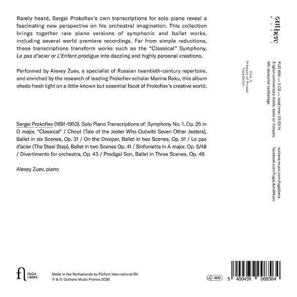 Rückseite einer CD-Hülle mit Text über Prokofjews Klaviertranskriptionen von Alexey Zuev, Barcode und Logos.
